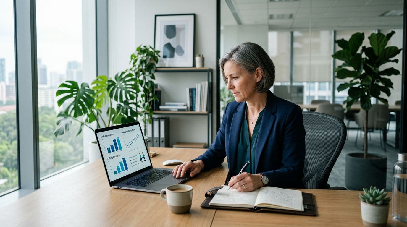 A professional business leader at a desk in a modern office reviews budget charts and wellbeing metrics on a laptop, surrounded by plants and natural light.