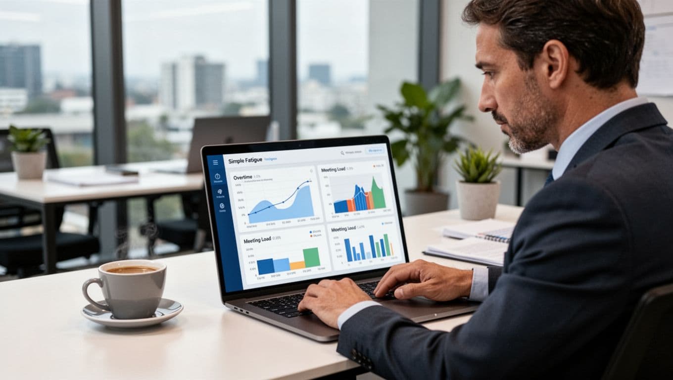 Business leader calmly reviews a simple fatigue dashboard on a laptop in a modern office, with charts displaying overtime and meeting load, focused expression, coffee on desk, realistic photo.