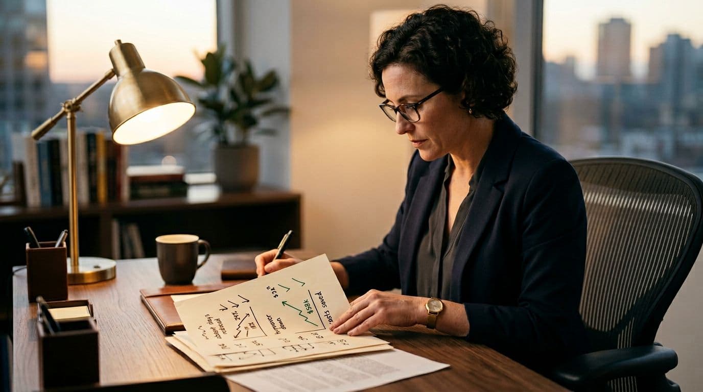A single business leader sits at a modern office desk, reviewing printed ROI metrics showing reduced absent days, lower turnover, and cost savings. Warm desk lamp lighting highlights the focused composition on the person and notes, realistic style with no screens or text visible.