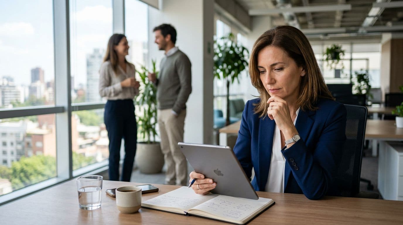 A thoughtful business leader in an office reviews an anonymous survey on a tablet, with a relaxed team blurred in the background, table with notes, natural light, horizontal realistic corporate style.