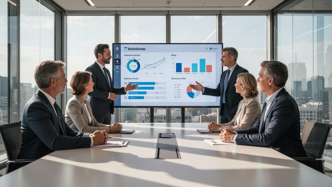 A team of four business leaders in a modern conference room collaboratively reviews graphs of well-being metrics on a large screen to assess team burnout risks, with focused expressions and relaxed hands.