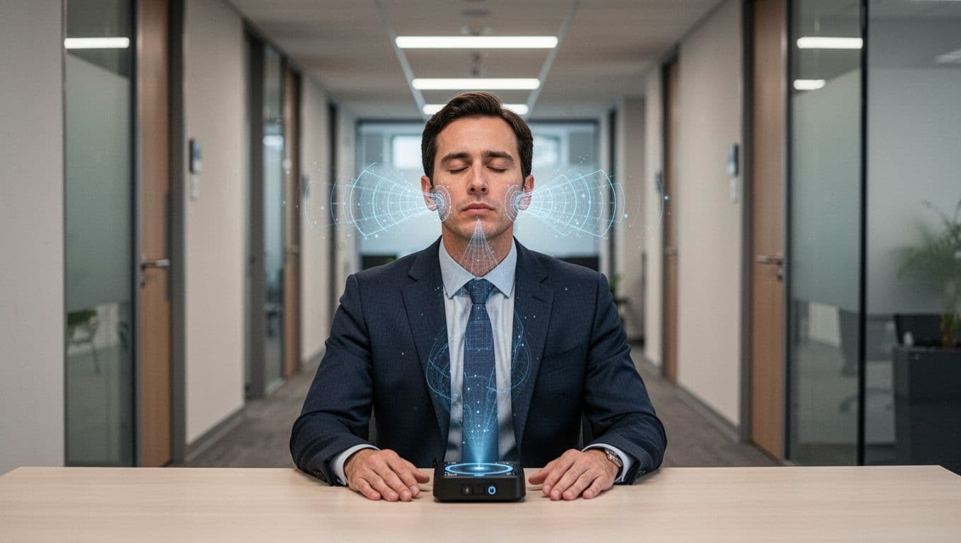A business person at a desk in an office hallway practices box breathing technique discreetly before a meeting, inhaling deeply with subtle timer visualization and a focused calm face.