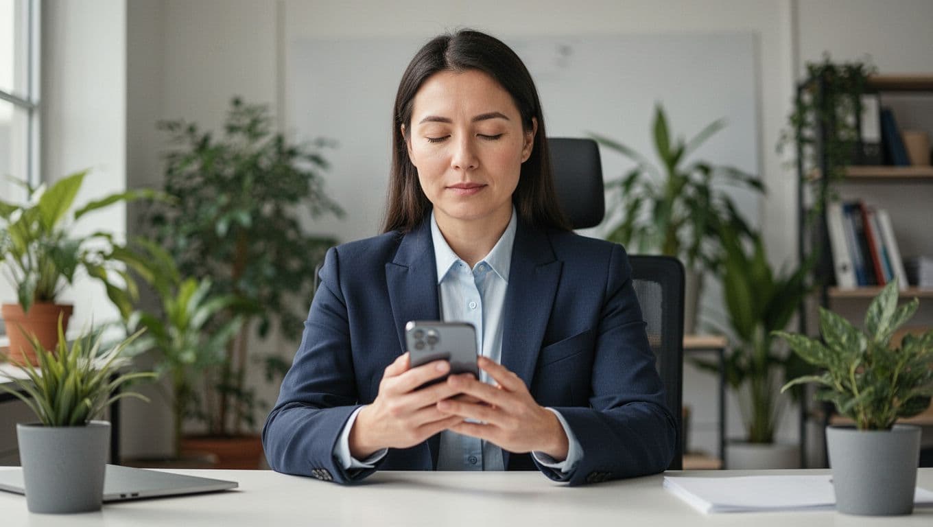 A person in business attire sits calmly at a desk in a plant-filled office, performing a guided box breathing exercise on their phone with a relaxed expression and soft natural light. Realistic photo style with blurred phone screen and no other people or devices.