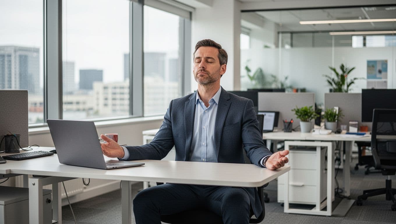 A mid-30s business professional sits at a modern open-plan office desk with a laptop nearby, eyes gently closed in deep breathing exercise, hands relaxed palms up on thighs, calm expression under natural daylight.
