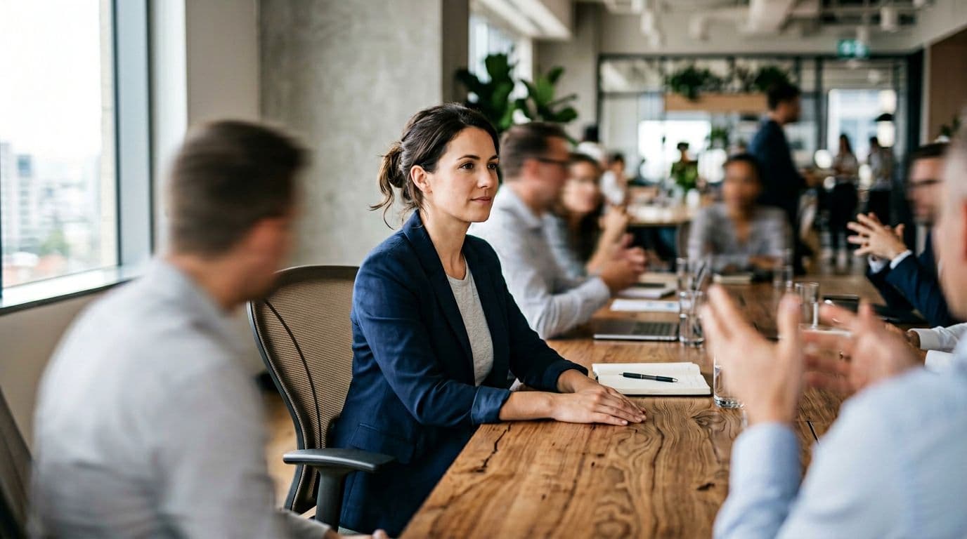 A single business person seated in a modern conference room during a team meeting, discreetly practicing grounding with relaxed hands on the table and soft eye contact, surrounded by blurred indistinct colleagues under natural window light.