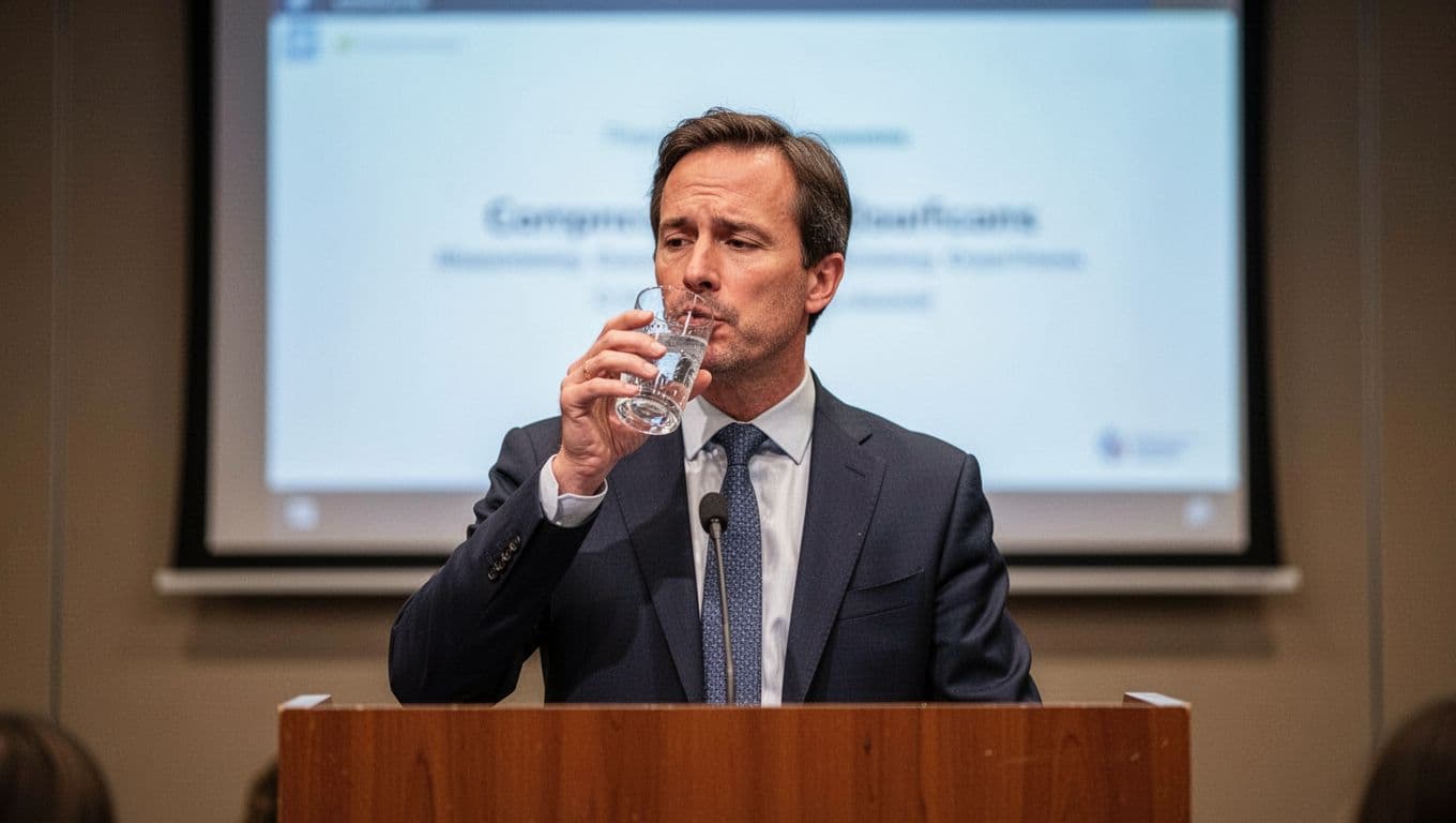 A business professional at a podium takes a discreet pause during a speech, sipping water from a glass with relaxed shoulders and a subtle deep exhale in a conference room with blurred projector screen behind.