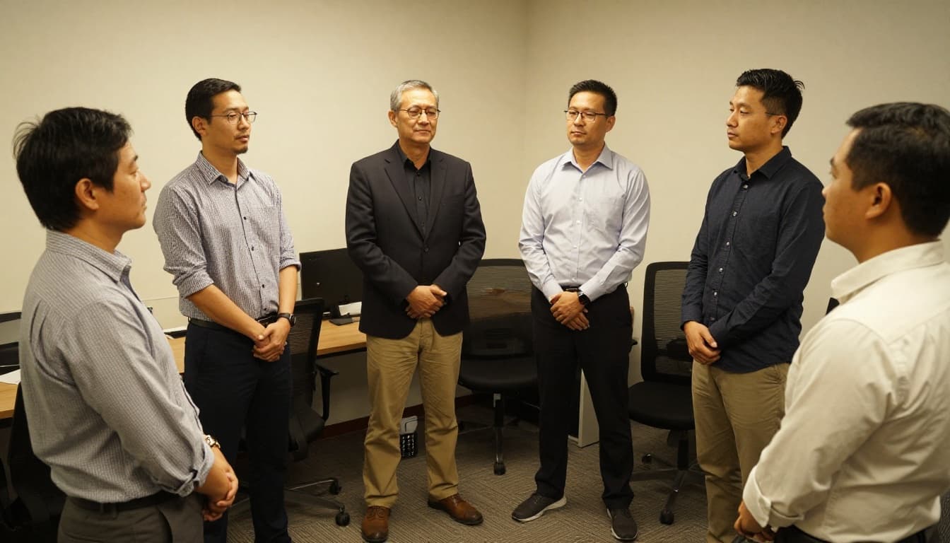 Team of four professionals in a conference room standing in a circle with hands on bellies, taking a short breathing pause before a meeting, relaxed expressions, warm lighting, realistic style.