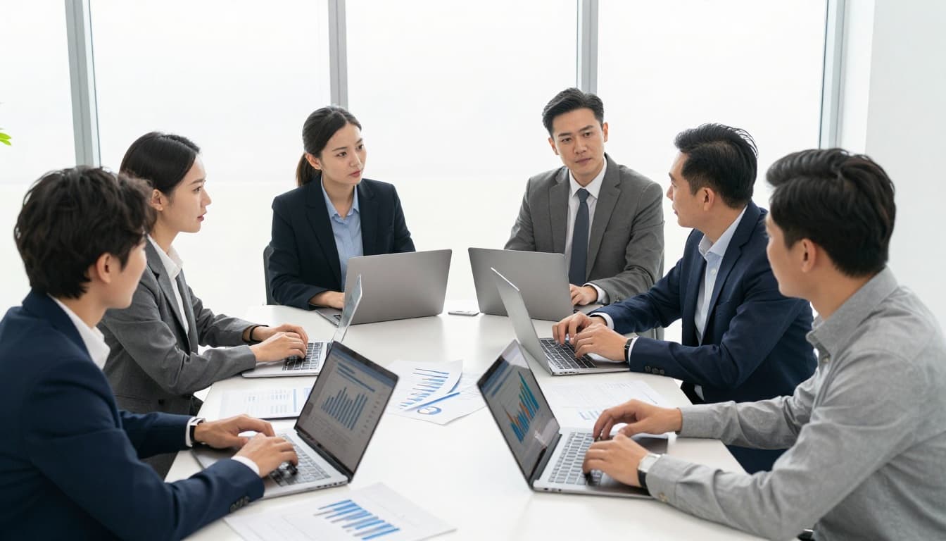 Professional business team of four in a conference room around a table with charts and graphs showing positive ROI data on paper and laptops, discussing animatedly in a modern office with natural window lighting.