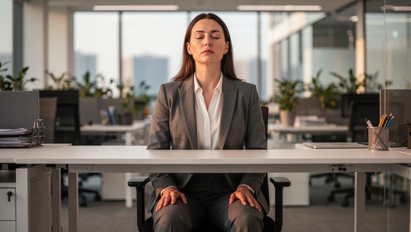 A business professional woman in office attire practices box breathing at her desk with eyes closed, hands on thighs, and relaxed posture. Modern open office background is blurred with soft afternoon light, realistic high-detail photography featuring exactly one person.