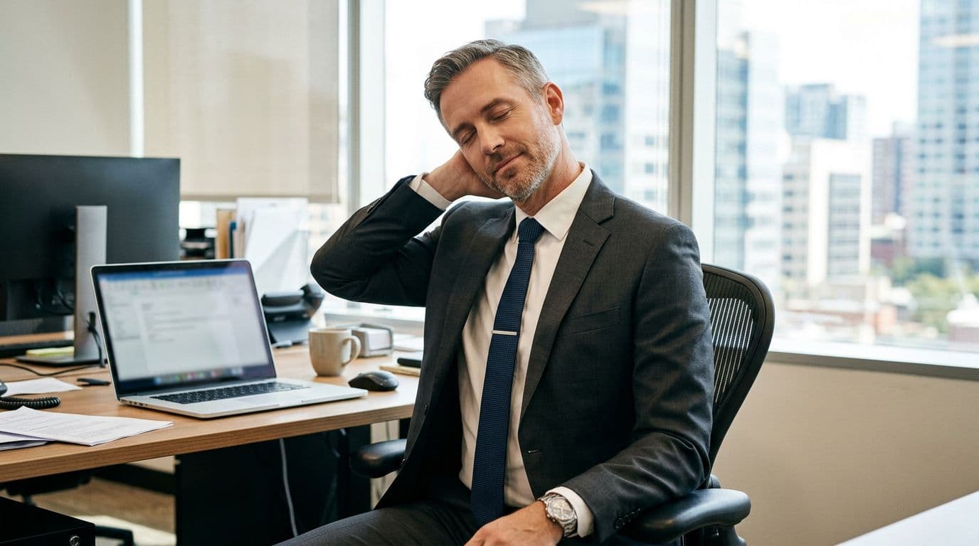 Executive in suit seated in office chair gently stretching neck and shoulders, with desk and laptop in background, office lighting, photorealistic style, one person only.