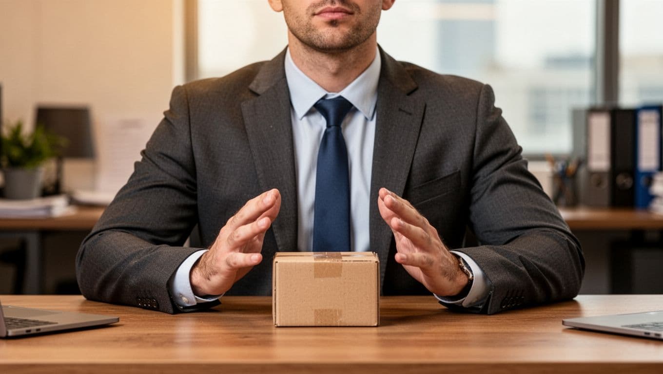 Close-up of a businessperson's torso and hands at a desk, demonstrating box breathing posture with relaxed shoulders and subtle inhale pose, blurred office background, warm lighting, photorealistic.