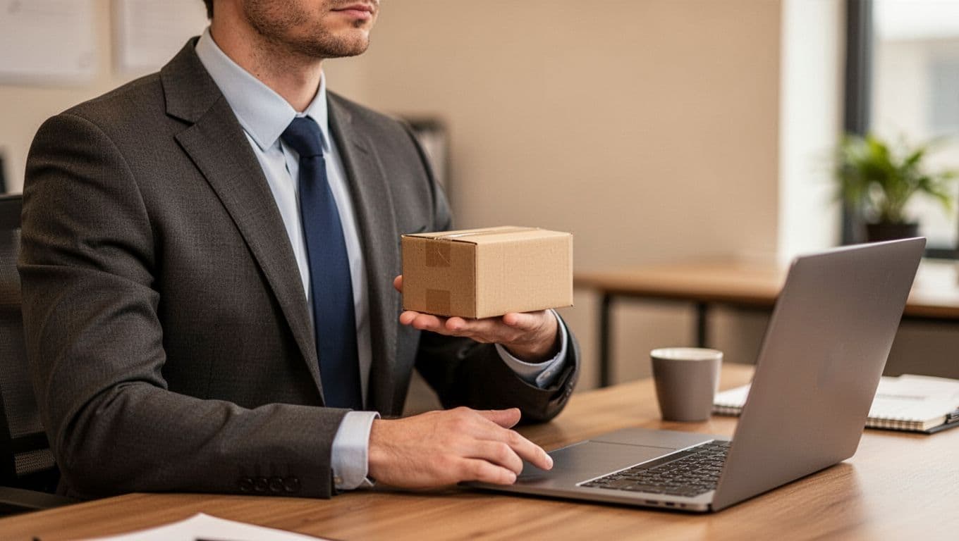 Close-up of a businessperson at a desk in an office setting performing box breathing in a subtle inhale pose with relaxed shoulders and one visible relaxed hand; laptop nearby out of focus, clean professional style with warm lighting.