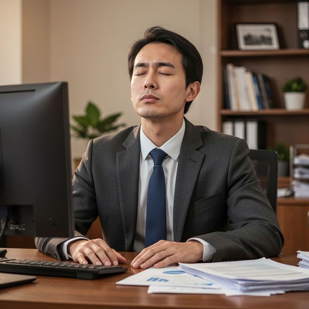 Close-up of a businessperson at desk during workday, taking a deep breath with relaxed shoulders and subtle calm expression, in an office environment with computer and papers nearby, focusing on face and posture.