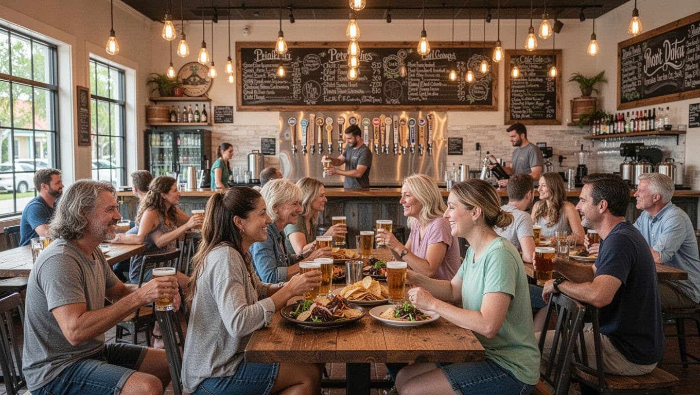 How to Start a Brewery in Florida: From First Idea to First Pour 1 A vibrant craft brewery taproom in a sunny Florida town like Mount Dora features wooden community tables with groups of adults chatting over pints of beer and shared plates, under warm ambient lighting. A bartender pours at the bar amid beer taps and a chalkboard menu, captured in realistic high-detail photography.
