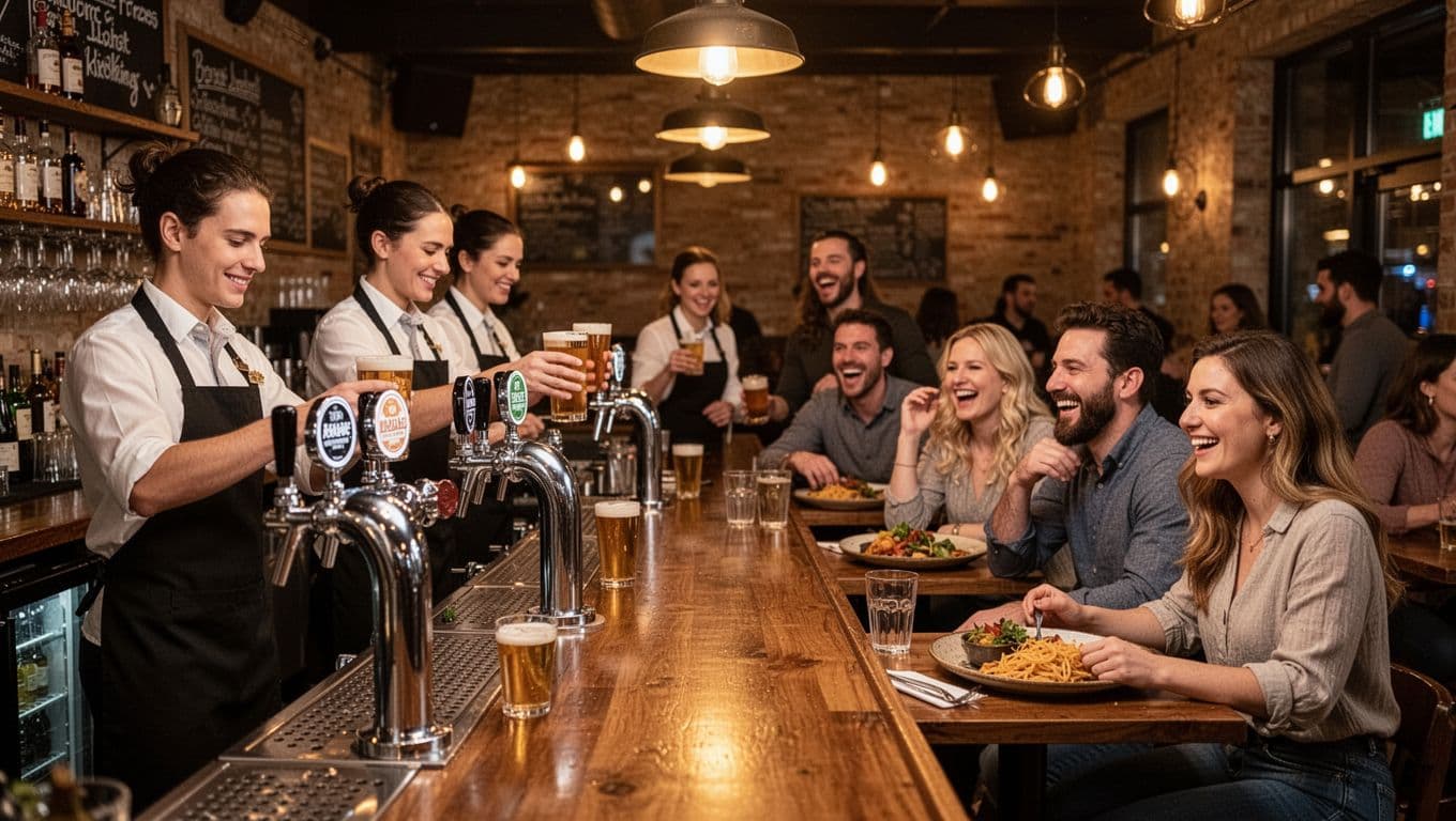 A lively bar on opening night with servers pouring beers from craft taps in the foreground, six patrons enjoying food and laughing at tables, warm ambient lighting, and a family-friendly atmosphere in realistic style.