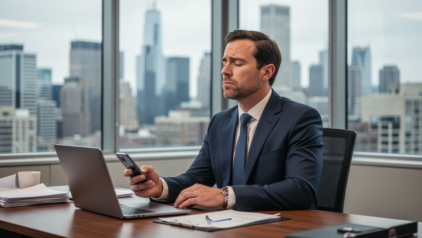 Realistic photo of a busy executive at a desk in a city office view, checking phone after email with tense shoulders relaxing into a breath during a calm transition moment. Exactly one person, one phone with blurred screen, no text.