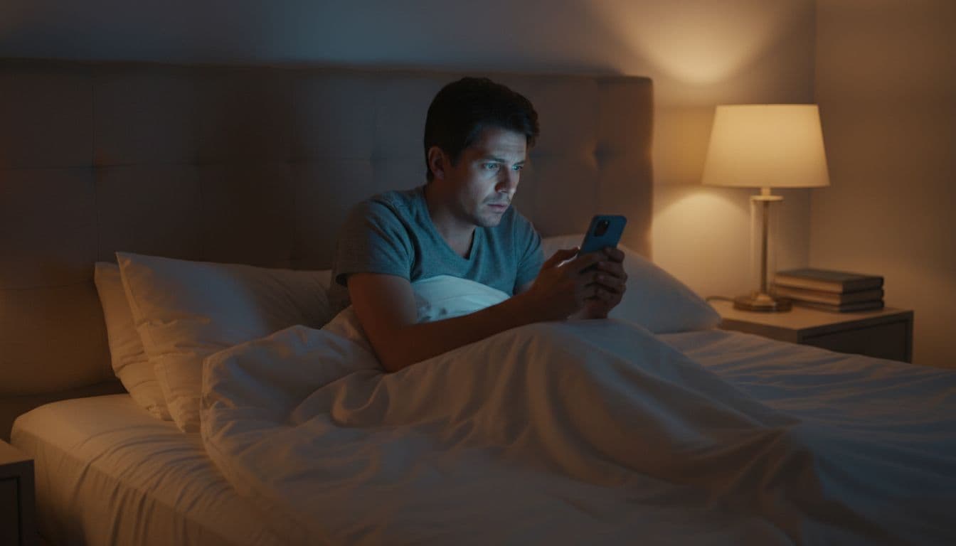 A stressed business leader lies tense in bed at night, bathed in blue light from their phone screen, unable to sleep in a dark bedroom.