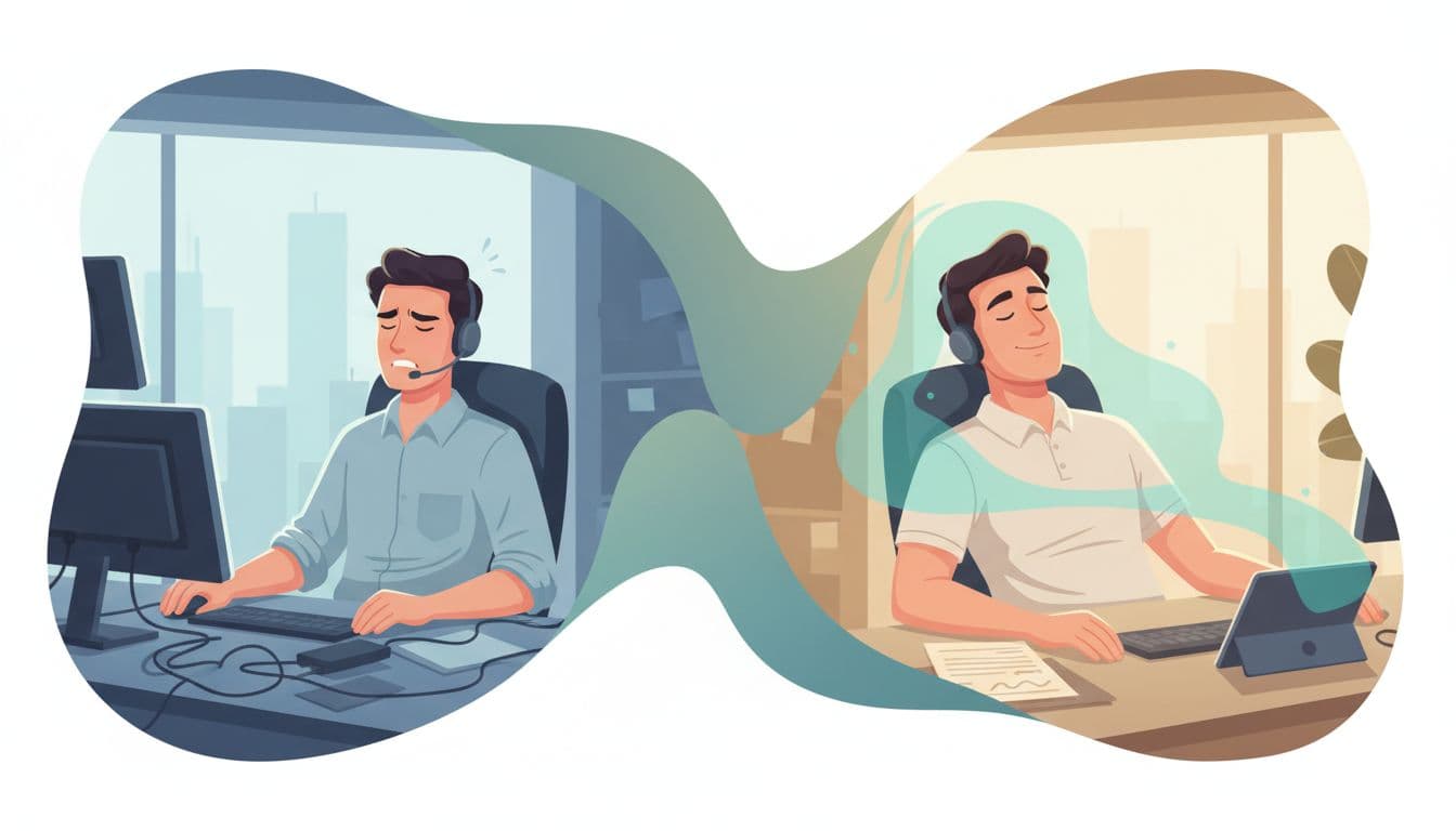 Professional clean editorial illustration depicting a stressed call center agent in CDMX on the left before micro-pauses, and the same agent relaxed and smiling on the right after, with modern aesthetics, sober colors, smooth transition, teal accent in relaxed aura, and soft contrasted lighting.