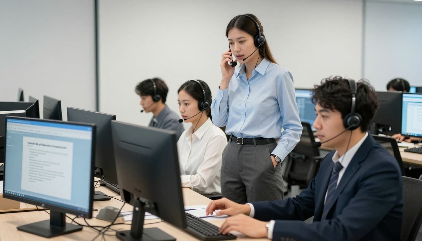 Two call center agents in a modern office environment; one standing and talking on the phone away from the screen, the other at the desk looking away, illustrating team rotation for breaks in intensive screen work.