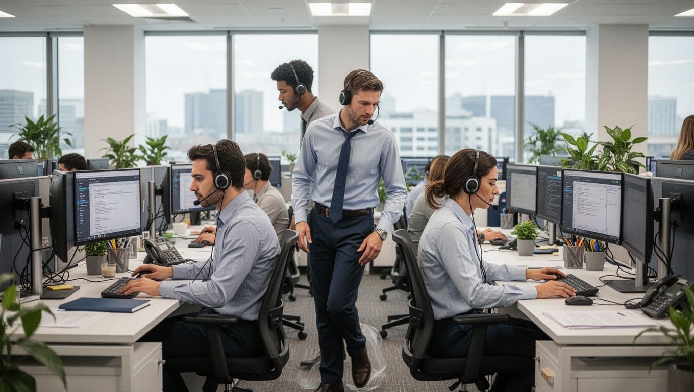 In a busy call center office, one worker steps away for a break while a colleague covers their station, illustrating task rotation and relief in intensive environments.