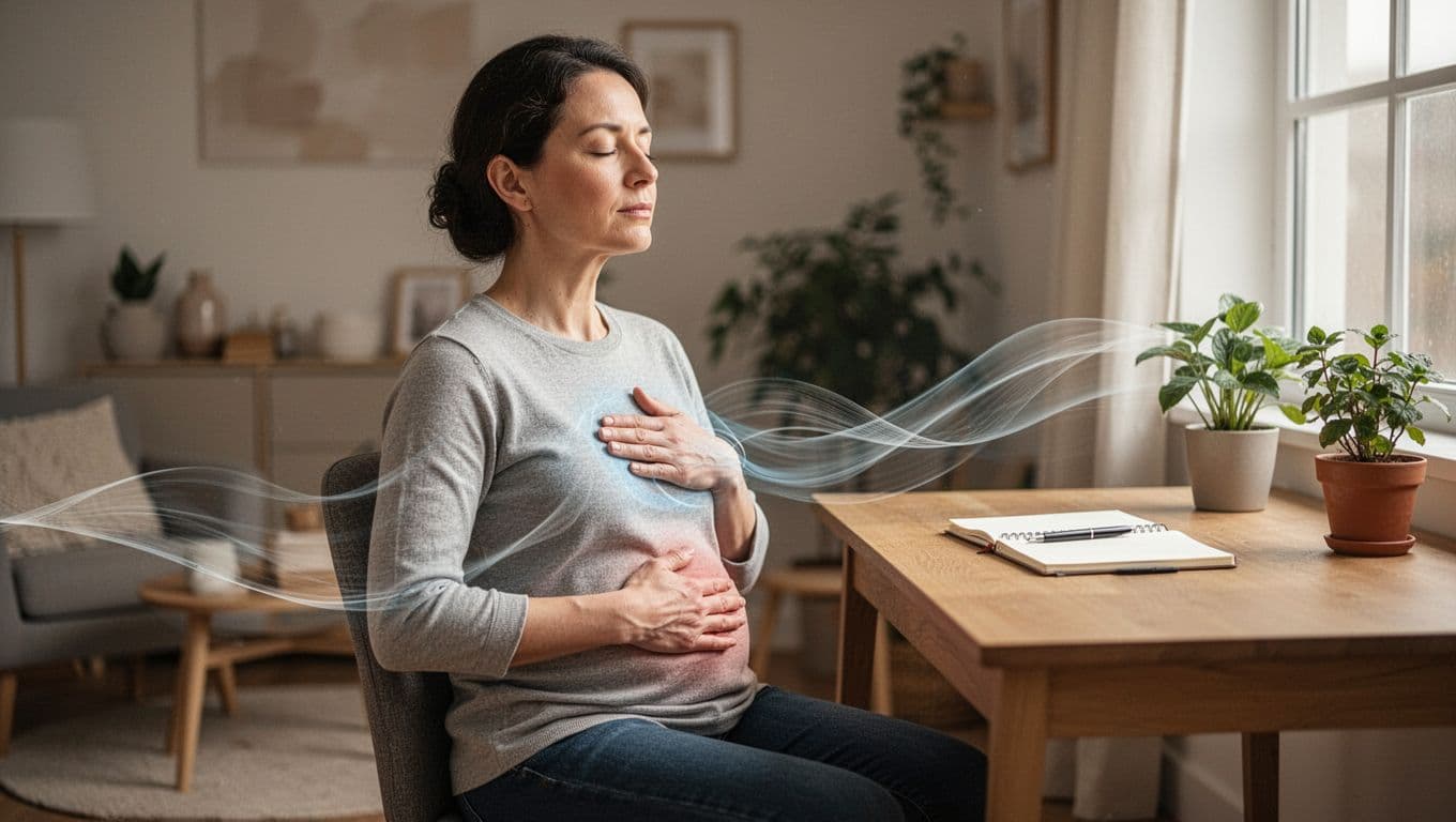 A serene adult sits comfortably in a cozy home office, practicing box breathing with eyes closed, one hand on belly and one on chest, under soft natural daylight. Subtle breath flow waves in foreground, realistic photography with high detail on relaxed face and hands.