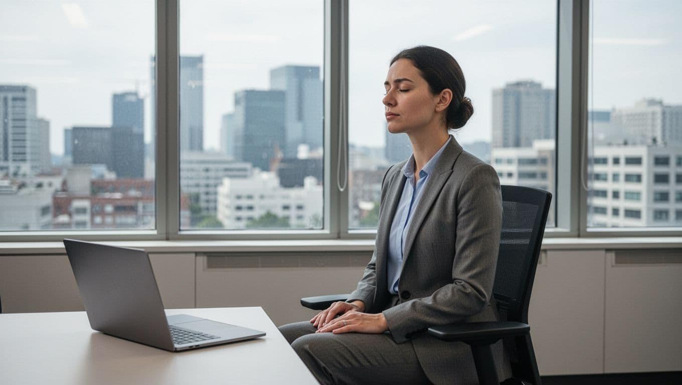 A professional sits relaxed in a corporate office practicing box breathing technique, with a closed laptop nearby, hands in lap, and an urban cityscape visible through the window under natural light.
