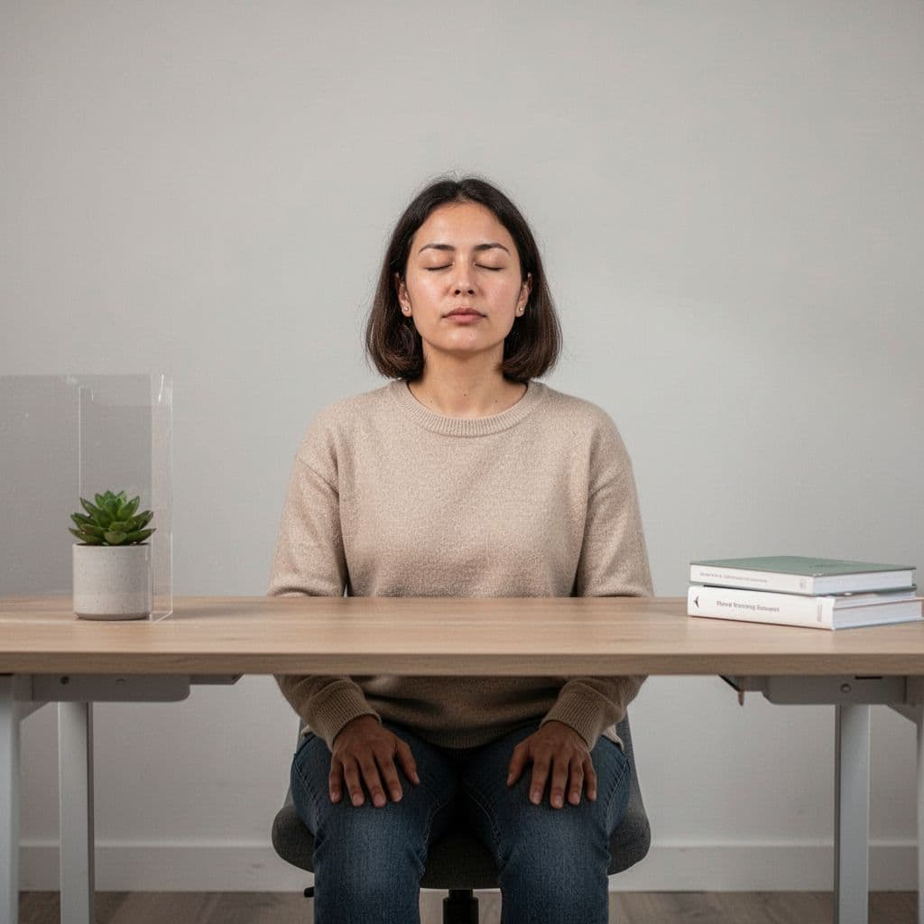 A person sits calmly at a minimalist desk with eyes closed, practicing box breathing, hands resting on knees, in soft lighting and realistic style.