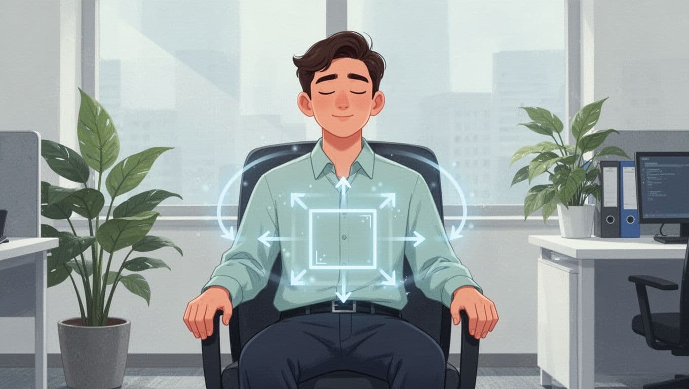 A calm young professional sits in a chair with eyes closed, practicing box breathing visualized by a subtle square-shaped cycle with soft arrows around the torso, in a quiet office with a plant, modern illustration in soft greens and blues.