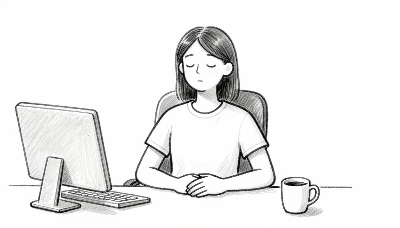A single person in an office chair with eyes closed and hands on belly practices box breathing in relaxed posture, beside a simple desk with coffee mug. Hand-drawn graphite sketch with light shading on white background, focusing on peaceful upper body and face.