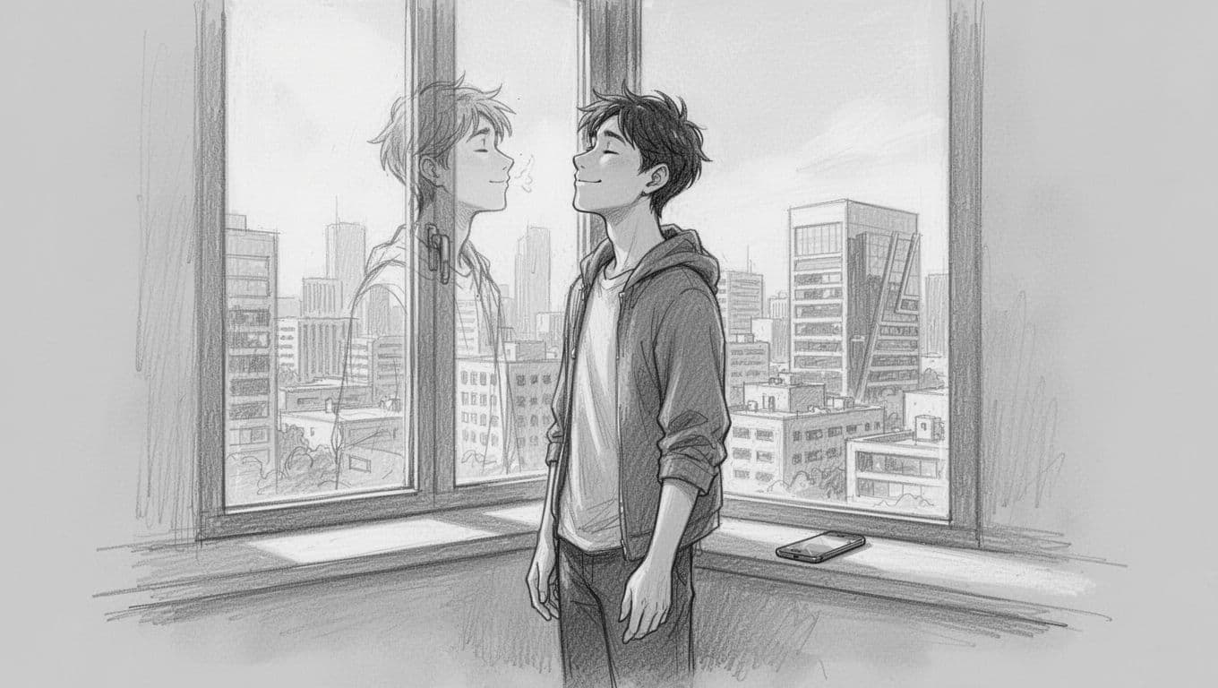 Hand-drawn graphite sketch of a young city dweller standing relaxed by a window overlooking the skyline, phone set aside on the sill, with a slight smile after a deep breathing break.