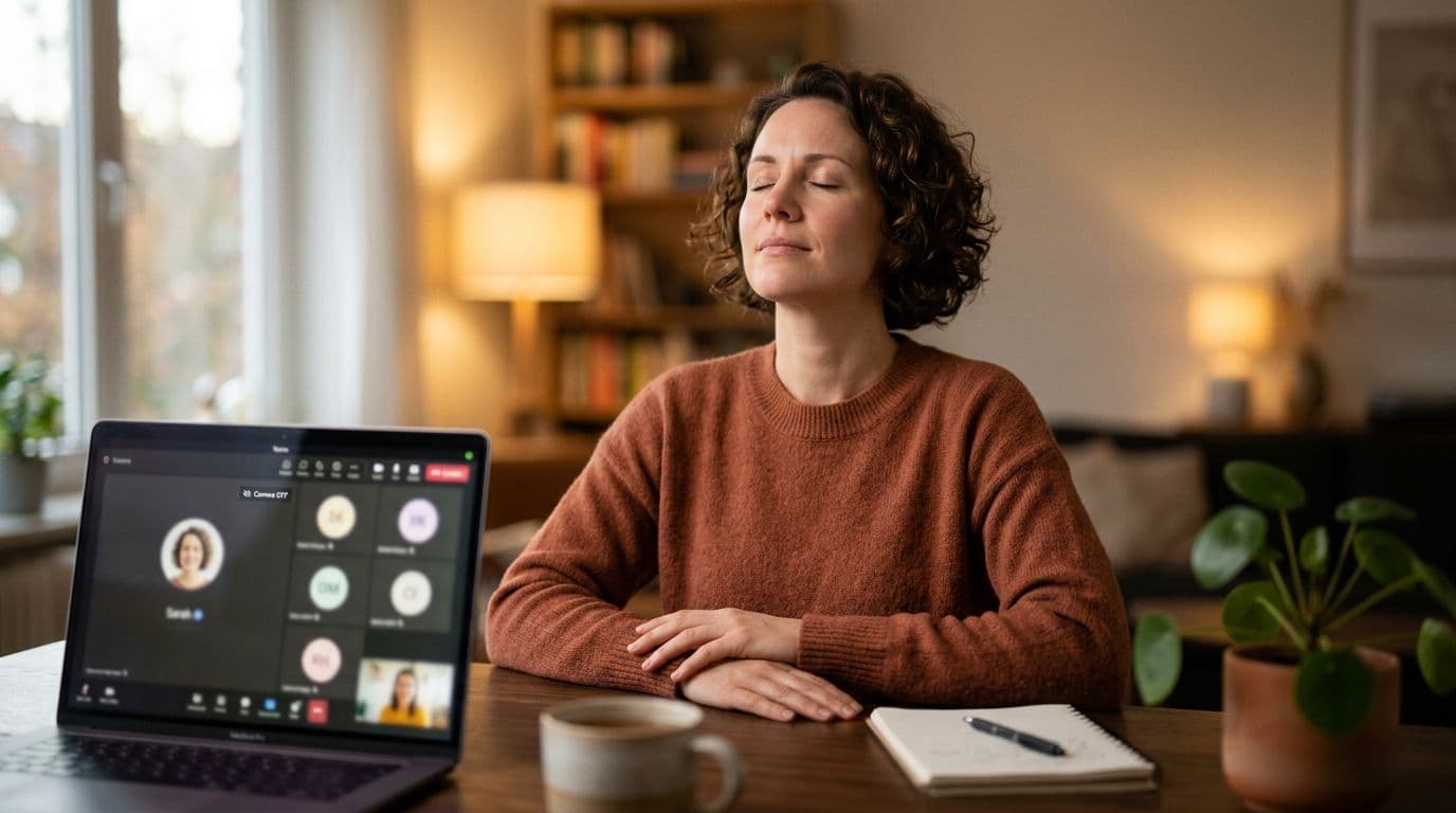 A professional photograph of a single remote worker pausing for a deep breath during a virtual team meeting, camera off, with focus on their serene face, blurred background, warm lighting, and wide composition showing only one visible person.