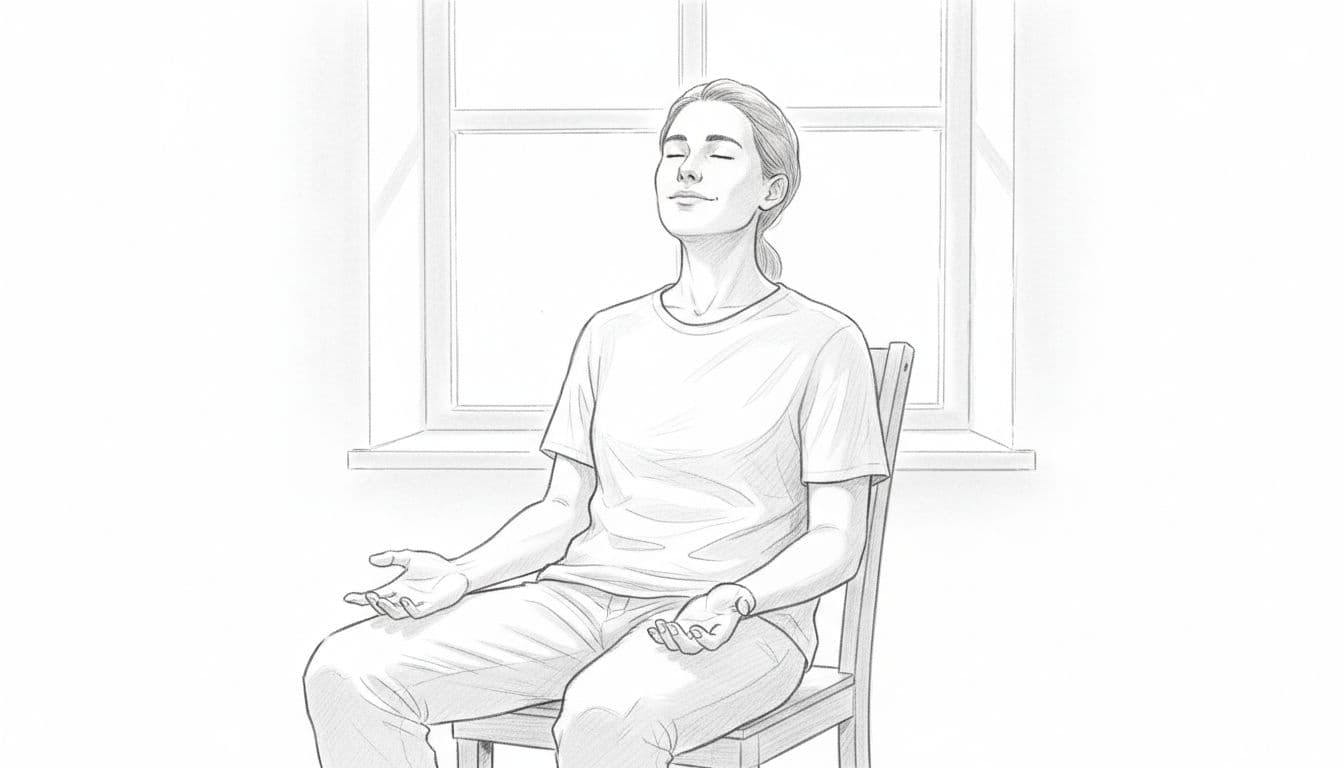 Hand-drawn graphite sketch of one person sitting relaxed in a home office chair, eyes closed, palms up on lap, soft expression, window light, clean white background.