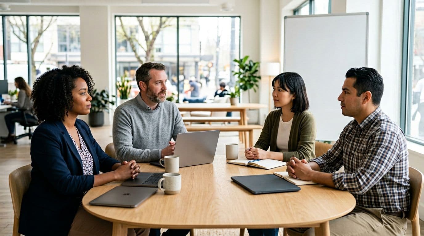 A calm diverse team of four professionals—two women and two men—with relaxed postures listens attentively around a table with closed notebooks and laptops in a hybrid office conference room bathed in natural light.
