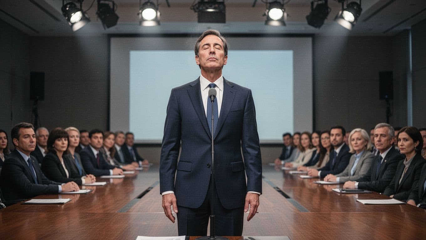A suited executive stands confidently on a boardroom stage with a microphone, exhibiting a calm expression while taking a deep breath, hands relaxed at his sides, and a blurred seated audience in the softly lit background, rendered in realistic photographic style.