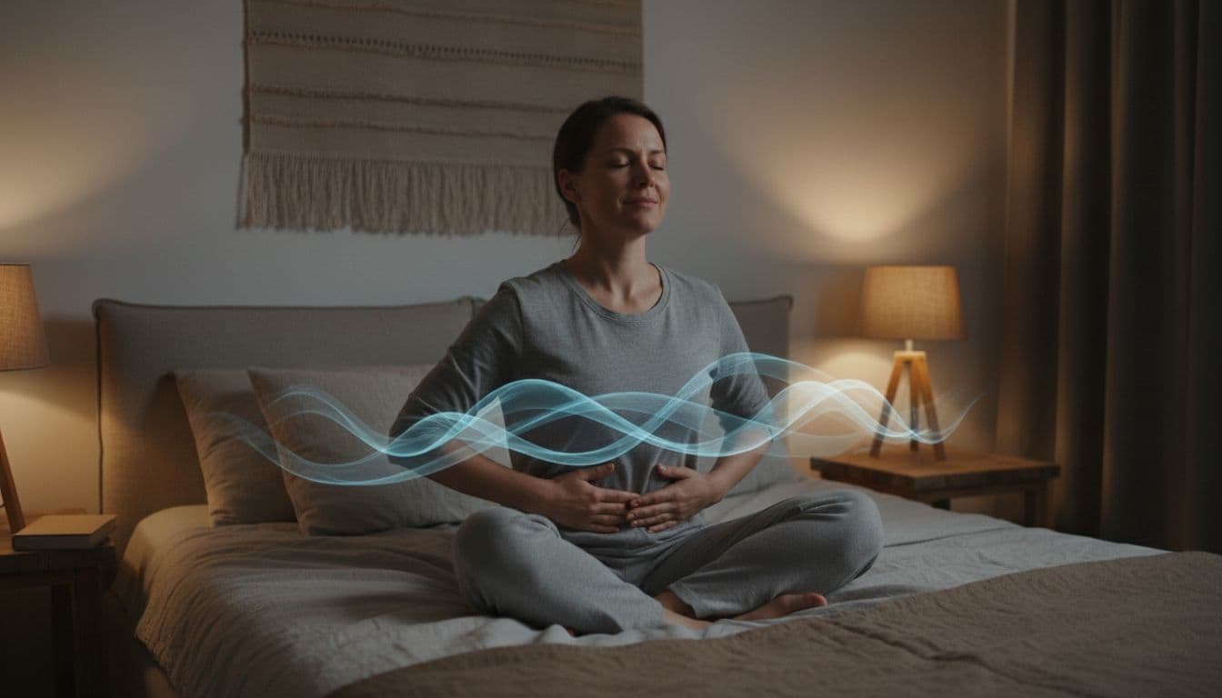 A calm leader performs a guided breathing exercise before bed, sitting relaxed on the bed in a dim bedroom with hands on belly and soft breathing visualization waves in a peaceful atmosphere.