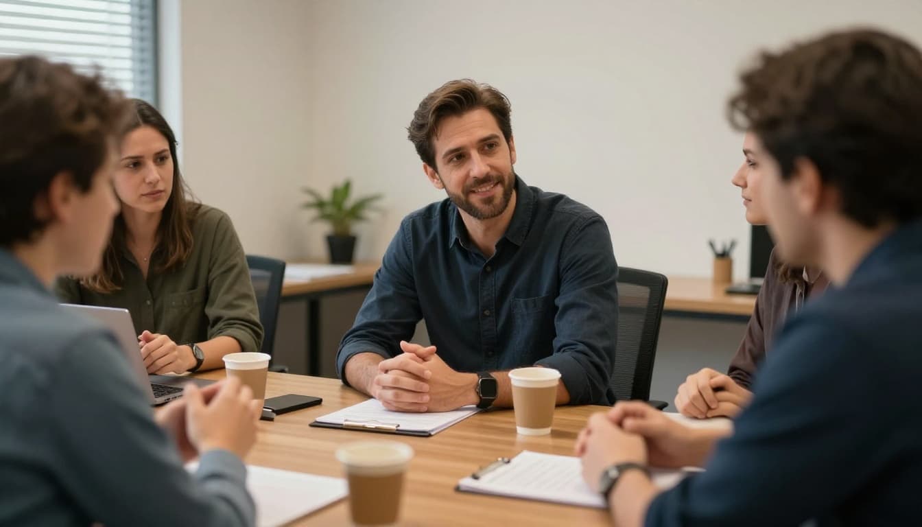 A small group of three colleagues in a welcoming office meeting, with a leader speaking calmly and empathetically to a stressed coworker, relaxed hands visible, table with notebooks and coffee, warm lighting, realistic style focused on human interactions.
