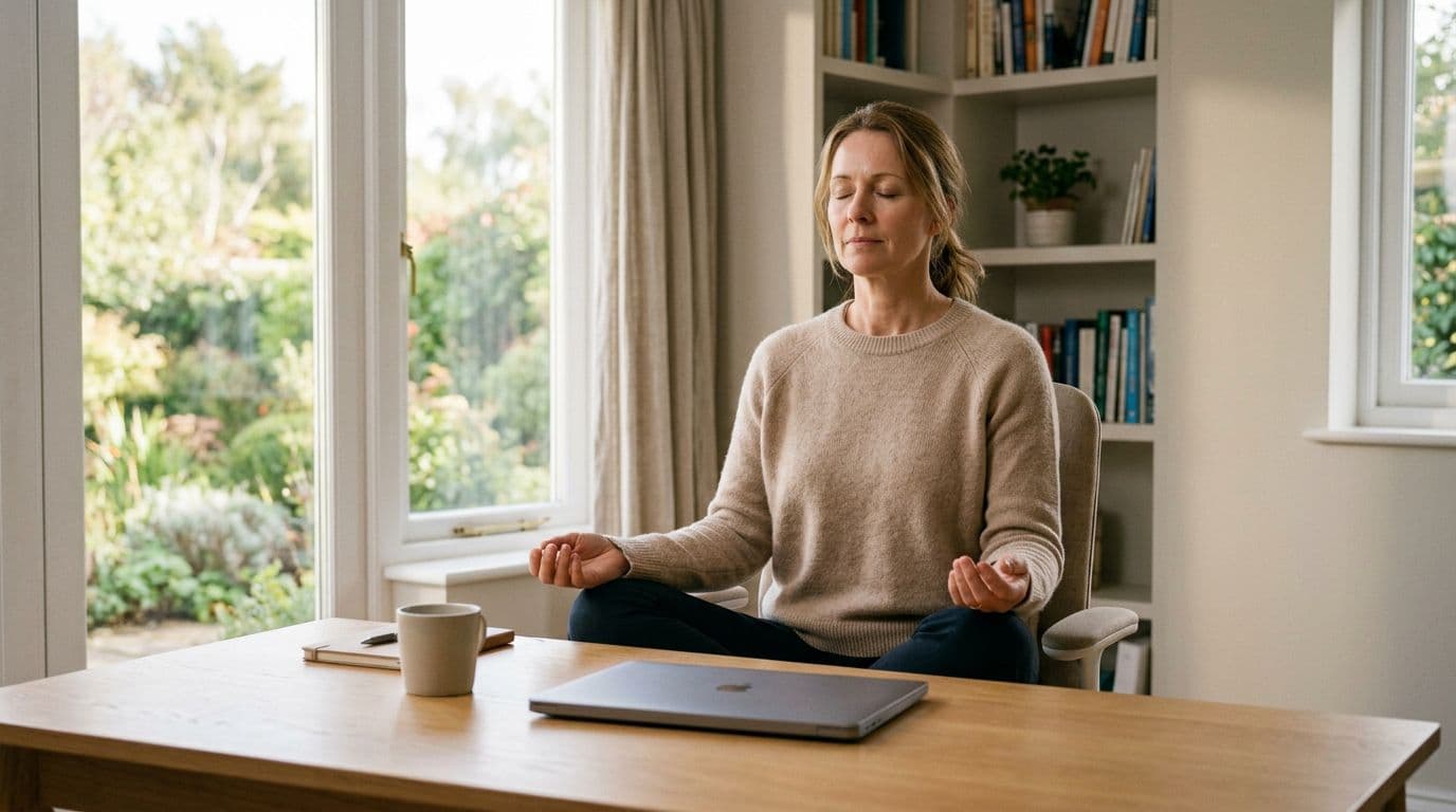 A single person sits alone in a quiet office at a desk with a closed laptop, eyes closed and hands resting naturally on knees during a guided breathing exercise. Soft natural light from the window highlights the centered, relaxed posture in a serene photographic style.