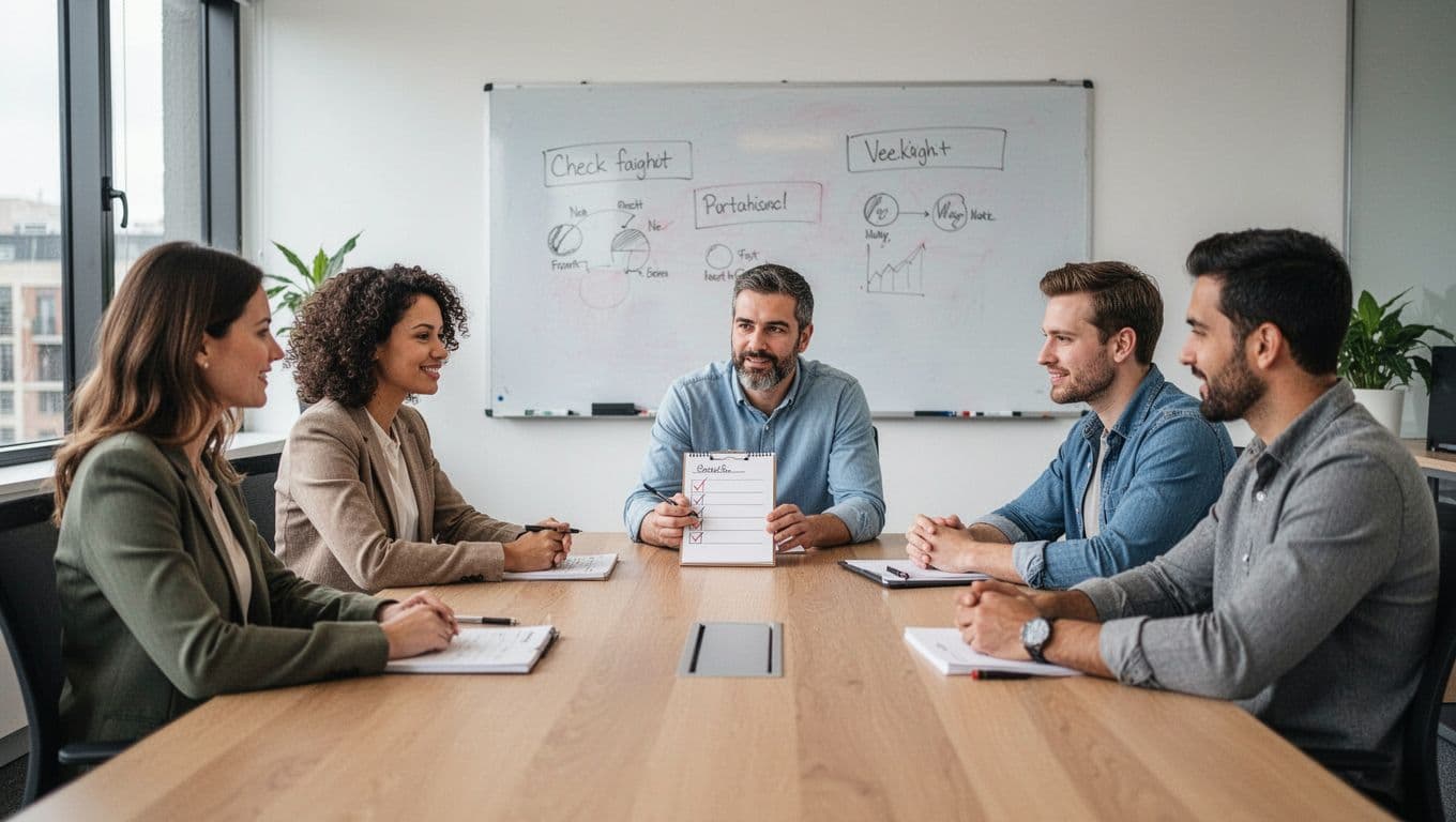A relaxed team of four—two women and two men—gathers around a table in a modern conference room for a weekly meeting, with the leader reviewing a checklist on a notepad amid collaborative discussion and natural light.