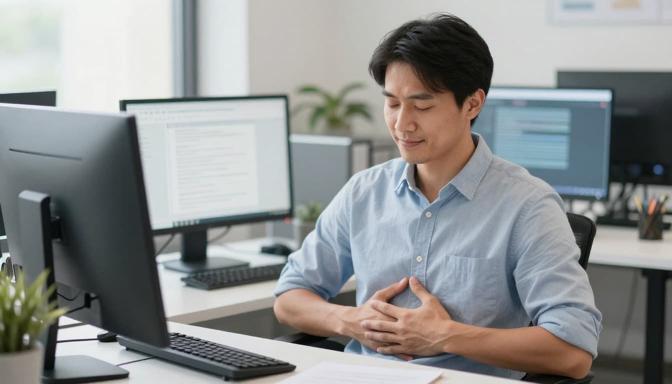A serene office worker at a desk performs a guided breathing exercise with hands on abdomen, eyes closed, and subtle smile, in a modern workspace bathed in natural daylight.