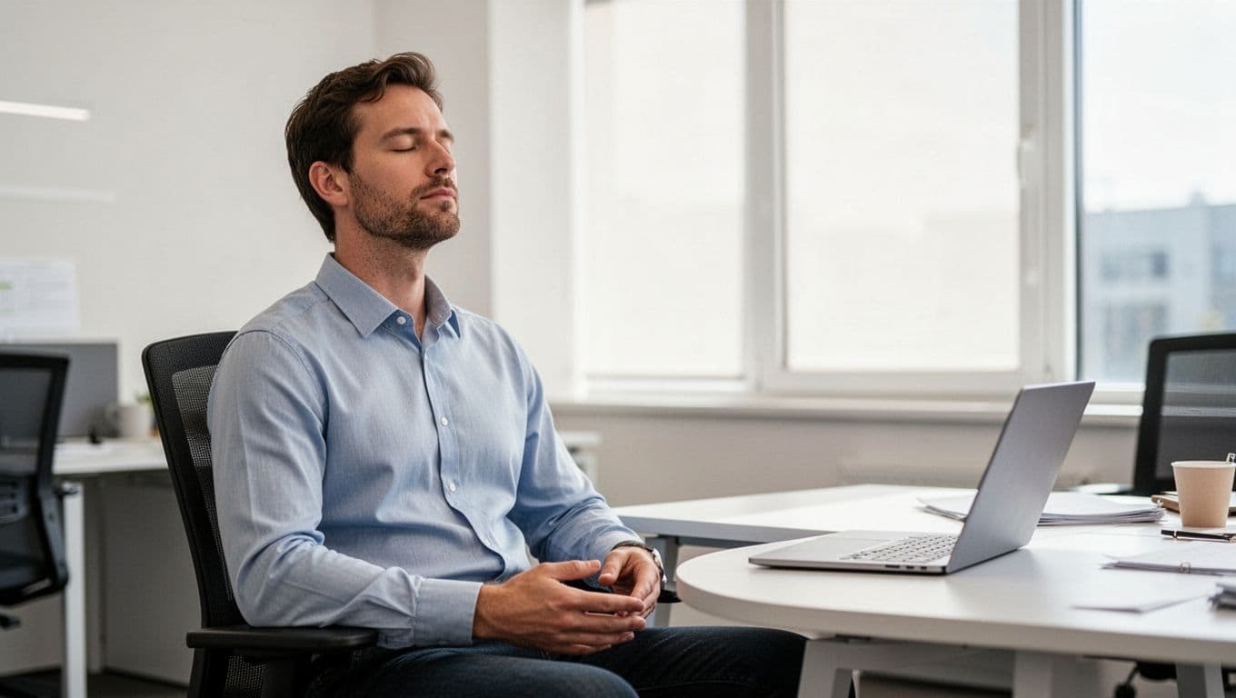 A single male office worker sits calmly at his desk with eyes closed, practicing deep breathing meditation. Hands rest relaxed on his lap, laptop open nearby, in a bright modern office with natural window light.