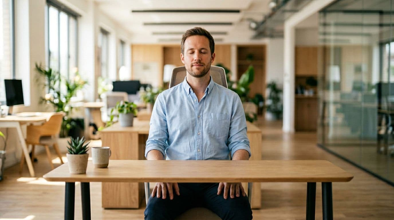 A serene office employee sits calmly at his desk with eyes closed and hands relaxed on knees, engaging in guided breathing amid a blurred modern office background illuminated by soft natural light.