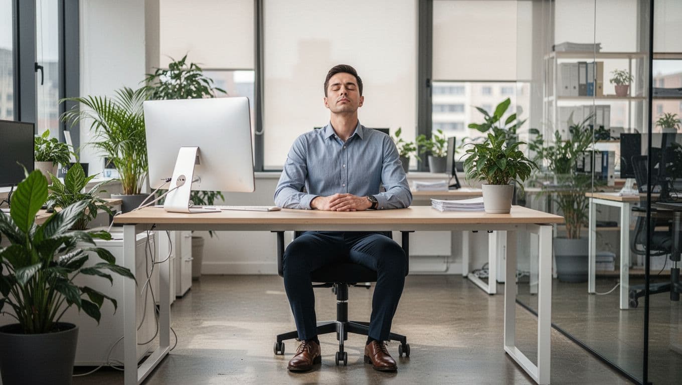 Employee seated at modern office desk with eyes closed, breathing calmly in straight posture, feet flat on floor, relaxed shoulders, computer and plants nearby, soft natural light, realistic photo style.