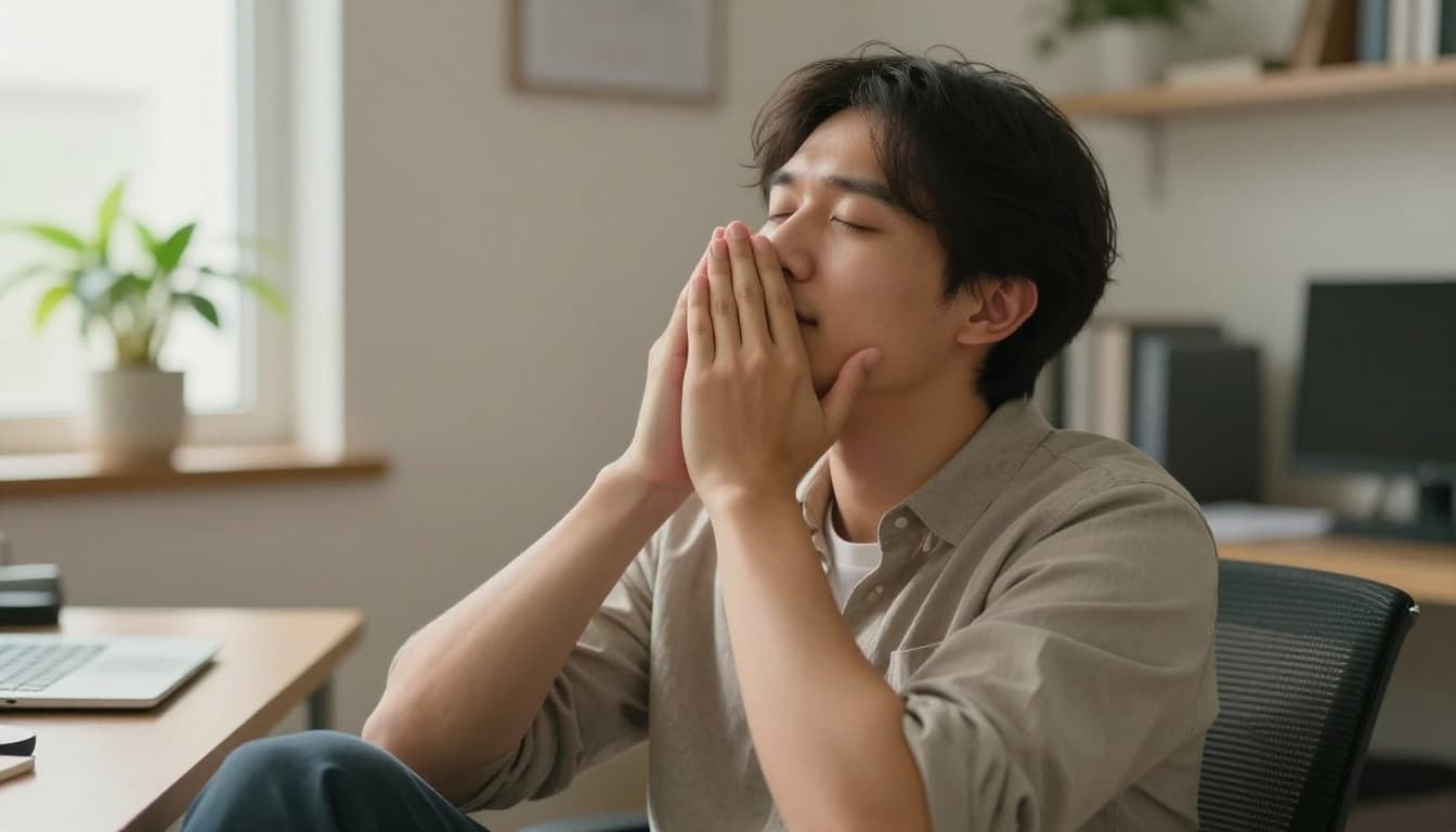 A calm professional pauses for a short breathing break at their desk, eyes closed with hands relaxed on lap and subtle exhale expression, in a quiet office corner featuring a plant and notebook.