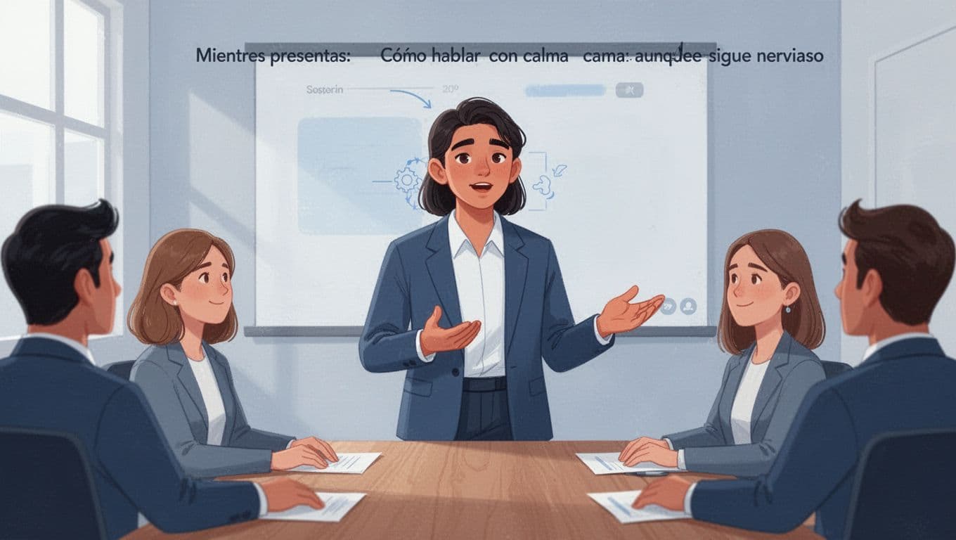 Young professional confidently presenting in a small meeting room, mid-sentence pausing to breathe with relaxed shoulders and calm hand gesture, modern illustration in balanced blues and neutrals.