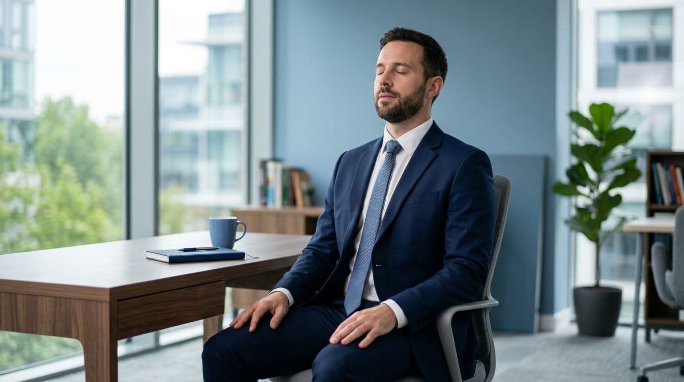 A person in an office suit sits at a modern desk with eyes closed, taking a deep breath, hands relaxed on lap, and a serene expression amid subtle blue tones in a realistic style.