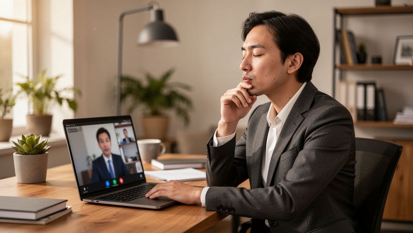 A calm corporate professional exhales slowly during a pause in a virtual Zoom meeting, seated at a desk with a laptop showing a blurred video call screen, hand near mouth, relaxed posture in a warm-lit home office.
