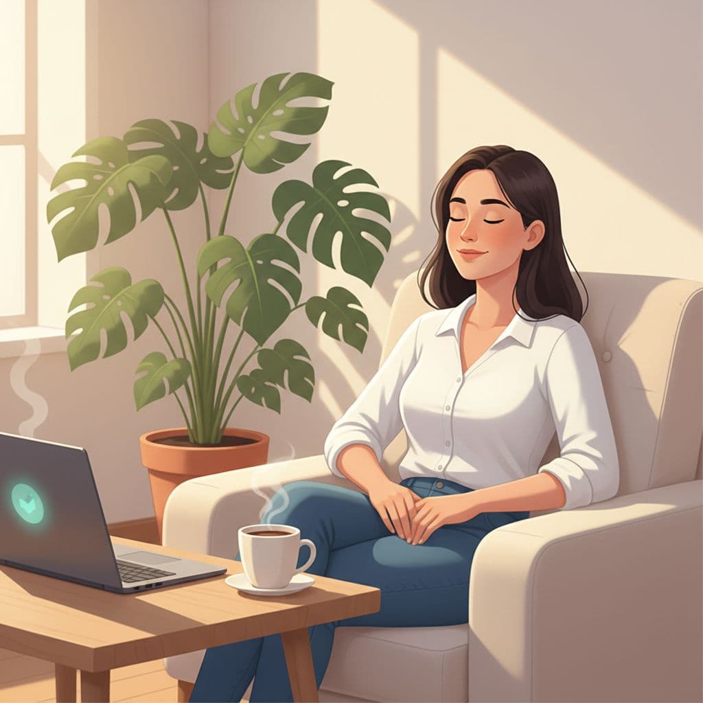 Modern illustration of a single professional woman in a home office, looking serene after a breathing exercise, with laptop, coffee, and subtle wellness elements in warm lighting.