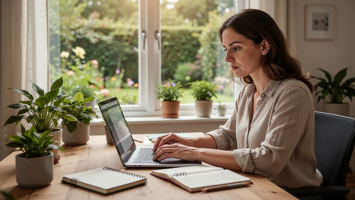 A focused individual works calmly in a bright home office with an open laptop on a desk adorned with plants and an agenda. Soft natural light from a garden-view window creates a serene, flexible remote work environment.