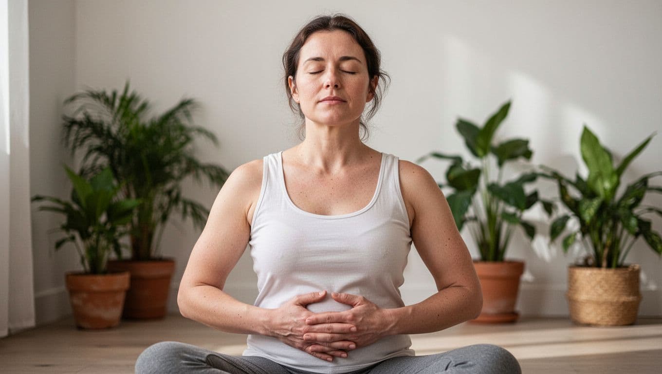 A serene woman sits in a bright room practicing breathwork with slow, conscious breaths, eyes closed, hands resting on her belly in a relaxed posture. Neutral background with plants, realistic photography style, natural light, peaceful atmosphere.
