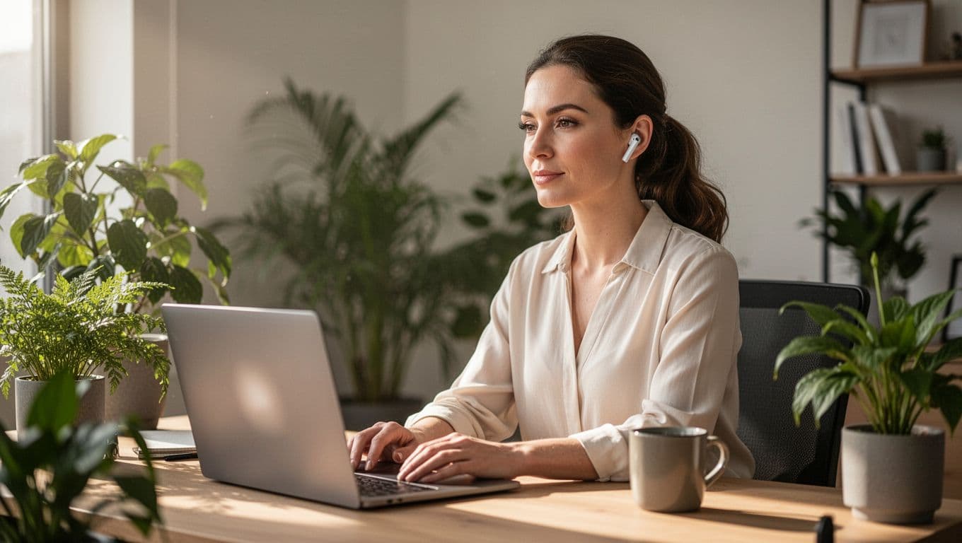 A calm professional woman wears wireless earbuds for a therapy session in her home office, with a laptop showing a blurred wellness app, plants, and coffee mug nearby under soft morning light.